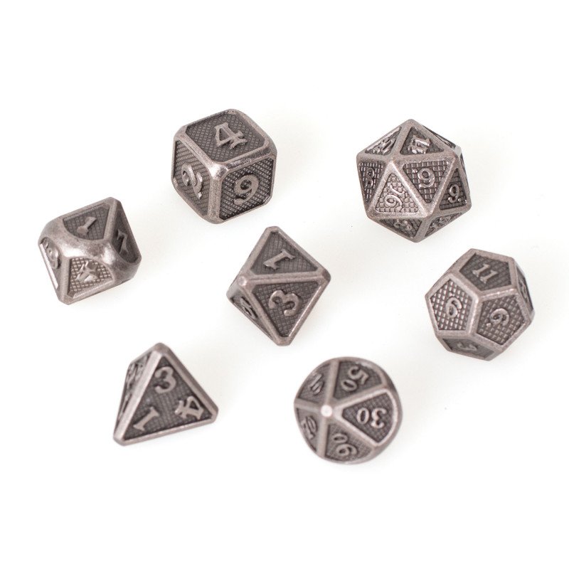 Lot 7 dés métal 14mm (boite métal) - Solid Silver