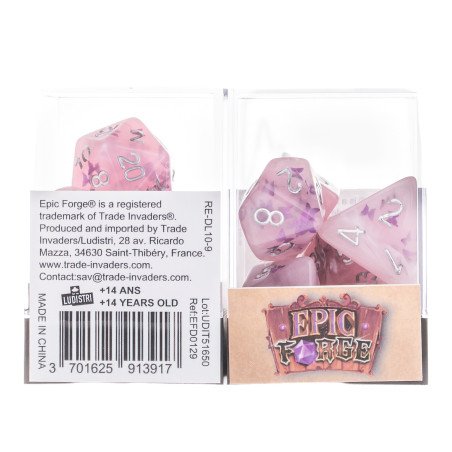 Lot de 7 dés rose résine gamme Insert - en boite - Papillon